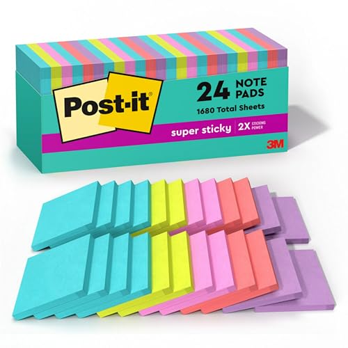 Version 1.0.0 Post-it Super Sticky Notes, 3x3 in, 24 Pads, 2x the Sticking Power, Supernova Neons, Bright Colors, Recyclable - Image 1