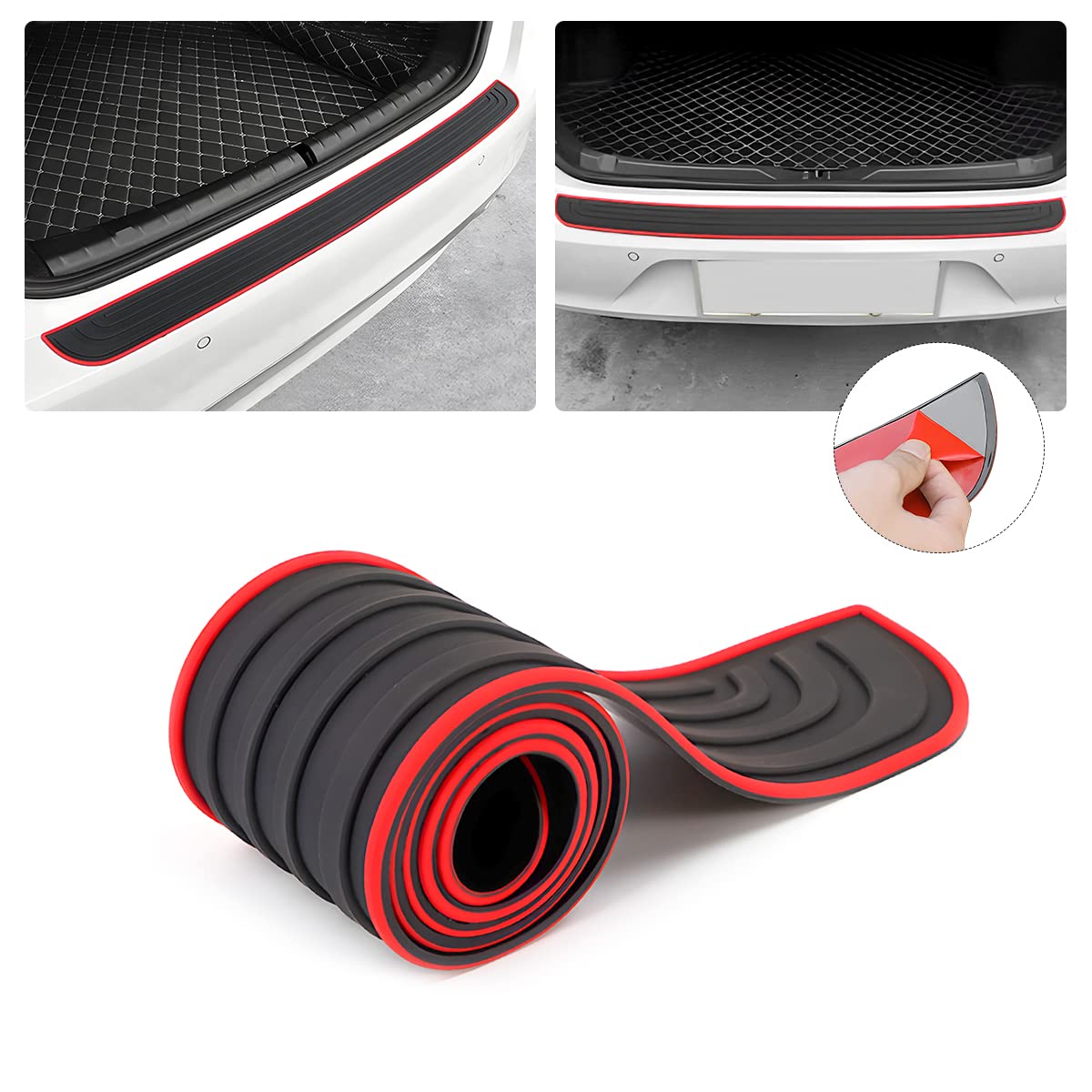 Version 1.0.0 Car Rear Bumper Protector Guard, Anti-Scratch Abrasion Rubber Trunk Door Entry Sill Guard, Non-Slip Vehicle Trim Cover Protection Strip, Car Accessories for Most Cars and SUV (Black/Red/35.4" x2.7) - Image 1