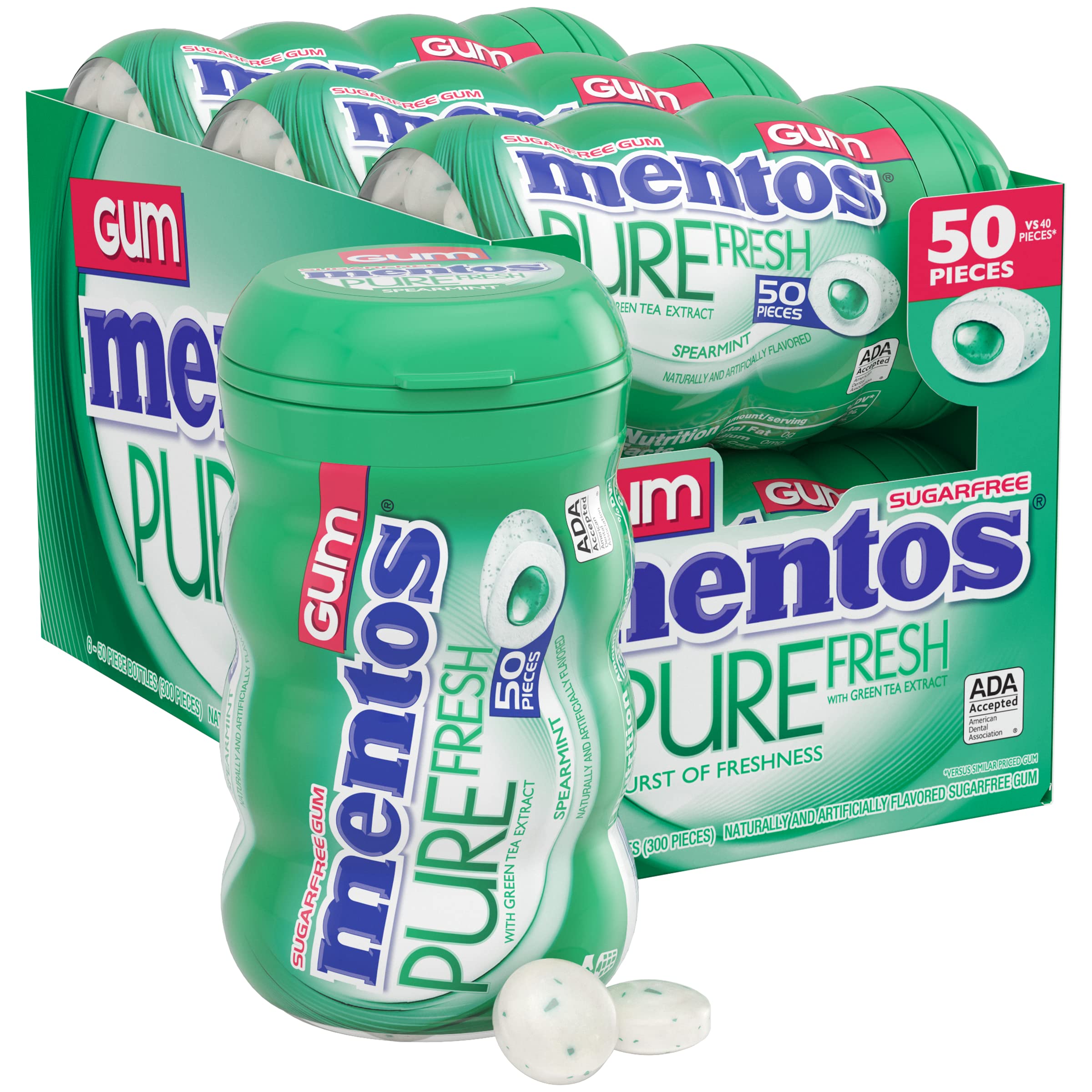Version 1.0.0 Mentos Pure Fresh Sugar-Free Chewing Gum with Xylitol, Spearmint, 50 Piece Bottle (Bulk Pack of 6) - Image 1